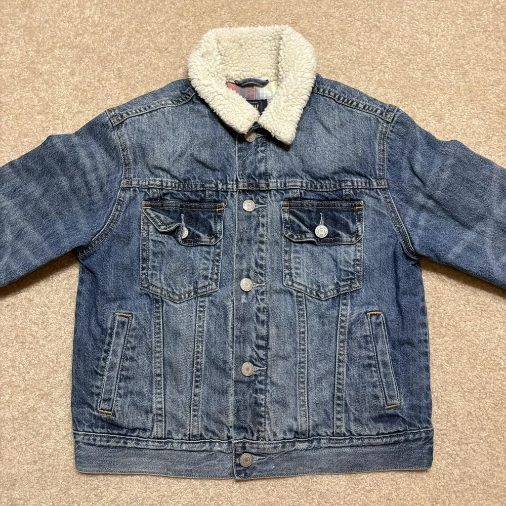 Gap Pendleton Kids Denim Jacket Youth Large 10-11 Blue Sherpa Collar Plaid Lined